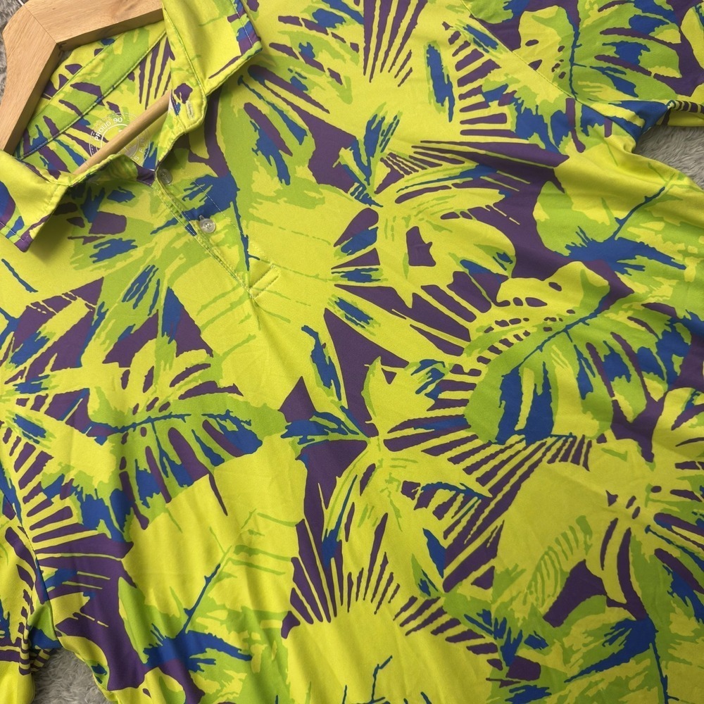 Proud 90 Golf Is Fun Tropical Palm Leaf Polo Shirt Lime Green Purple Mens XL